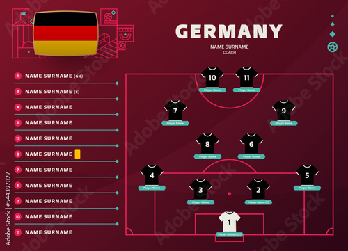 germany line-up world Football 2022 qatar, cup tournament final stage vector illustration. Country team lineup table and Team Formation on Football Field. soccer tournament Vector country flags