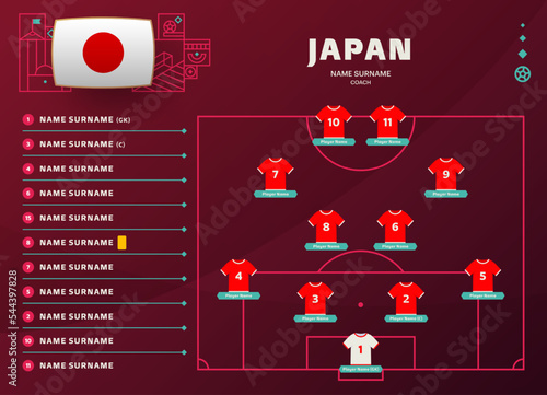 japan line-up world Football 2022 qatar, cup tournament final stage vector illustration. Country team lineup table and Team Formation on Football Field. soccer tournament Vector country flags