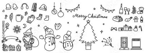 クリスマスの飾りや冬の小物手描きイラストセット（線画）