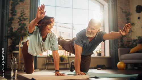 Happy Smiling Senior Couple Doing Gymnastics and Yoga Stretching Exercises Together at Home on Sunny Morning. Concept of Healthy Lifestyle, Fitness, Recreation, Couple Goals, Wellbeing and Retirement.