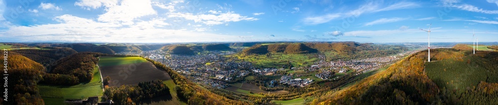 Aerial view of Geislingen in front of mountain landscape of Swabian Alb