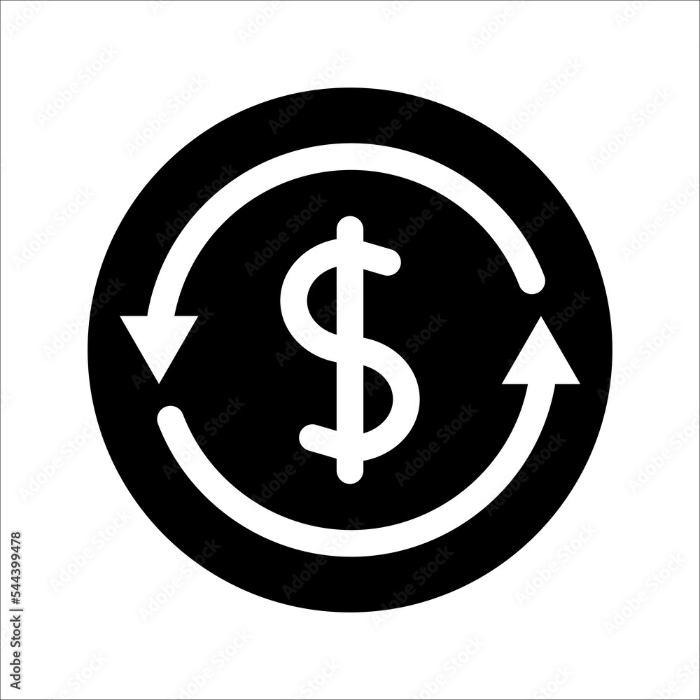 USD symbol circled by two arrows, Money flow, Exchange, Circulation, Vector illustration, on a white background. USD symbol circled by two arrows, Money flow, Exchange, Circulation, Vector illustration, on a white background.