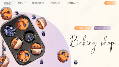 Muffins with berries, blueberry isolated. Baking, bakery shop, cooking, sweet products, dessert, pastry concept. Vector illustration for poster, banner, website, advertising.