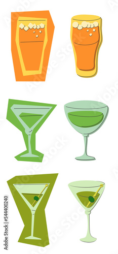 Beer vermouth martini glass on white background. Cartoon sketch graphic design. Flat style. Colored hand drawn image. Party drink concept for restaurant, cafe, party. Freehand drawing style