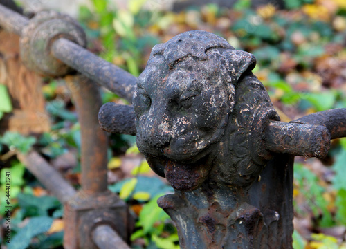 Eroded weathered gray fence lion head ornament.