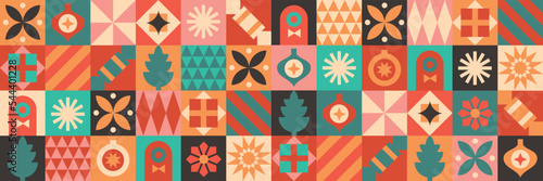 Christmas icons elements with geometric seamless vector pattern for wrapping paper, background, wallpaper. Holiday season, modern, contemporary abstract design.