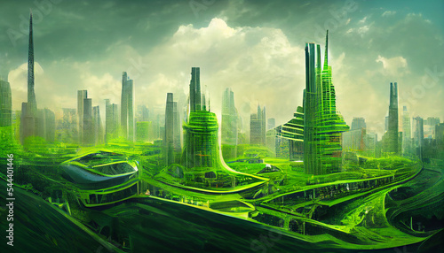 Green eco friendly city of the future. Futuristic utopia digital illustration