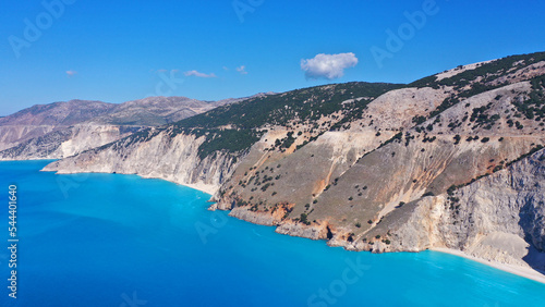 Aerial drone photo of beratiful secluded beaches near fishing village of Assos accessible only by boat  Kefalonia island  Ionian  Greece