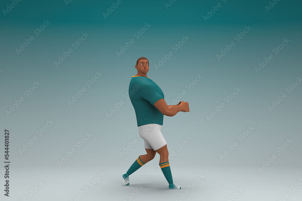 An athlete wearing a green shirt and white pants. He is pulling or pushing something. 3d rendering of cartoon character in acting.