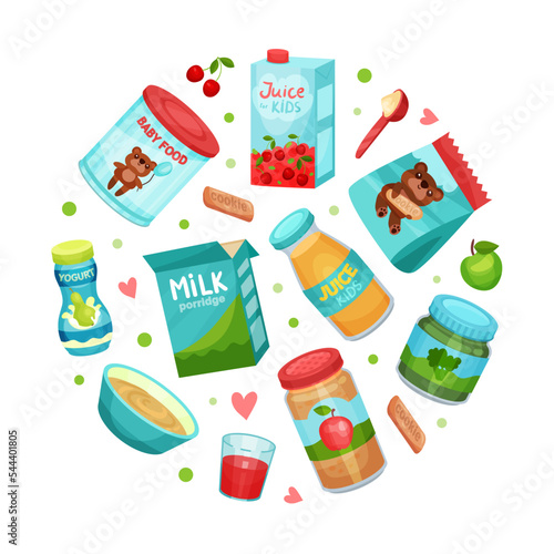 Baby food in round shape. Organic healthy meal for babies for backdrop, packaging, banner desgn vector