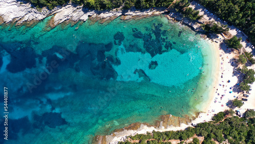 Aerial drone top view photo of exotic paradise beach of Emblisi with turquoise and emerald clear sea near iconic Fiskardo bay  Cefalonia island  Ionian  Greece