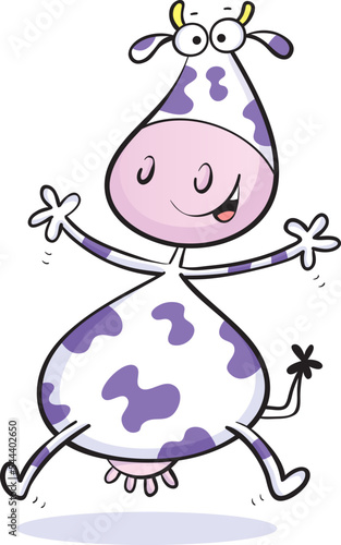 Cartoon of a fun jumping cute cow character with arms out isolated on white