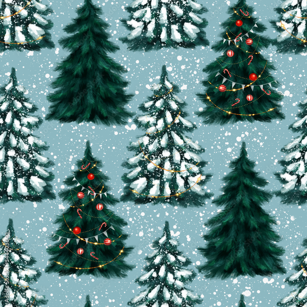 Seamless Christmas background with decorative Christmas trees