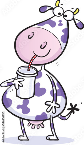 Cute cartoon cow drinking a milkshake through a straw isolated on white.