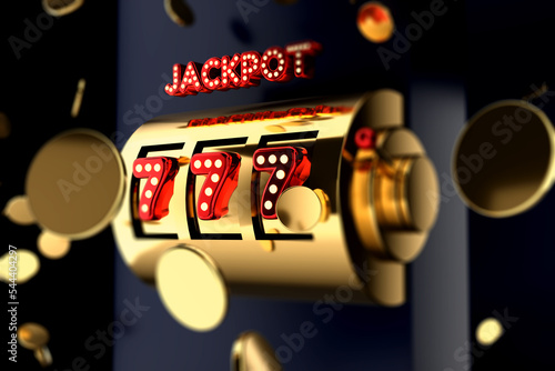 Golden slot machine  with Gold Coins 777 Big win concept. Casino jackpot. 3D illustration