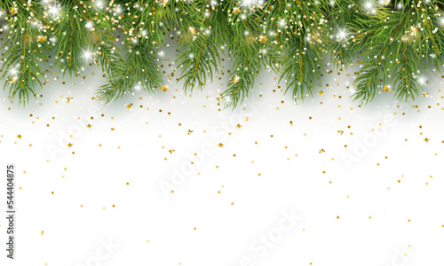 Border with green fir branches, gold stars, lights, golden confetti  isolated on white background. Pine, xmas evergreen plants banner. Vector Christmas tree garland decoration