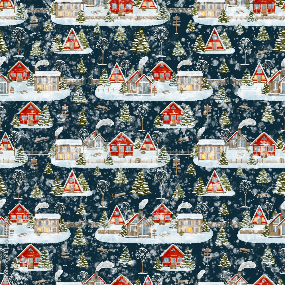 Watercolor Christmas night seamless pattern with winter houses. Hand ...