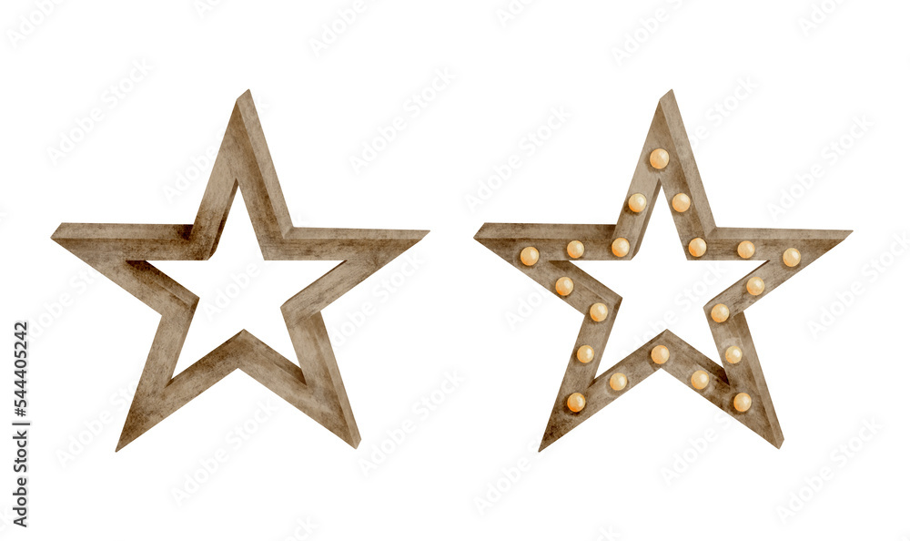 Watercolor wooden star with light bulbs illustration. Hand drawn home wood decoration isolated on white background. Retro sign with lamps for Christmas, wedding, nursery decor Watercolor wooden star with light bulbs illustration. Hand drawn home wood decoration isolated on white background. Retro sign with lamps for Christmas, wedding, nursery decor