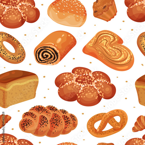 Baked Food Seamless Pattern with Bread Loaf and Sweet Pastry as Bakery Product Vector Template