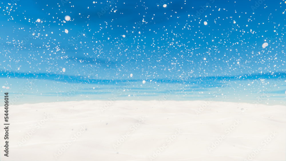 White spacious landscape with snow covered plain at snowfall. 3D rendering illustration