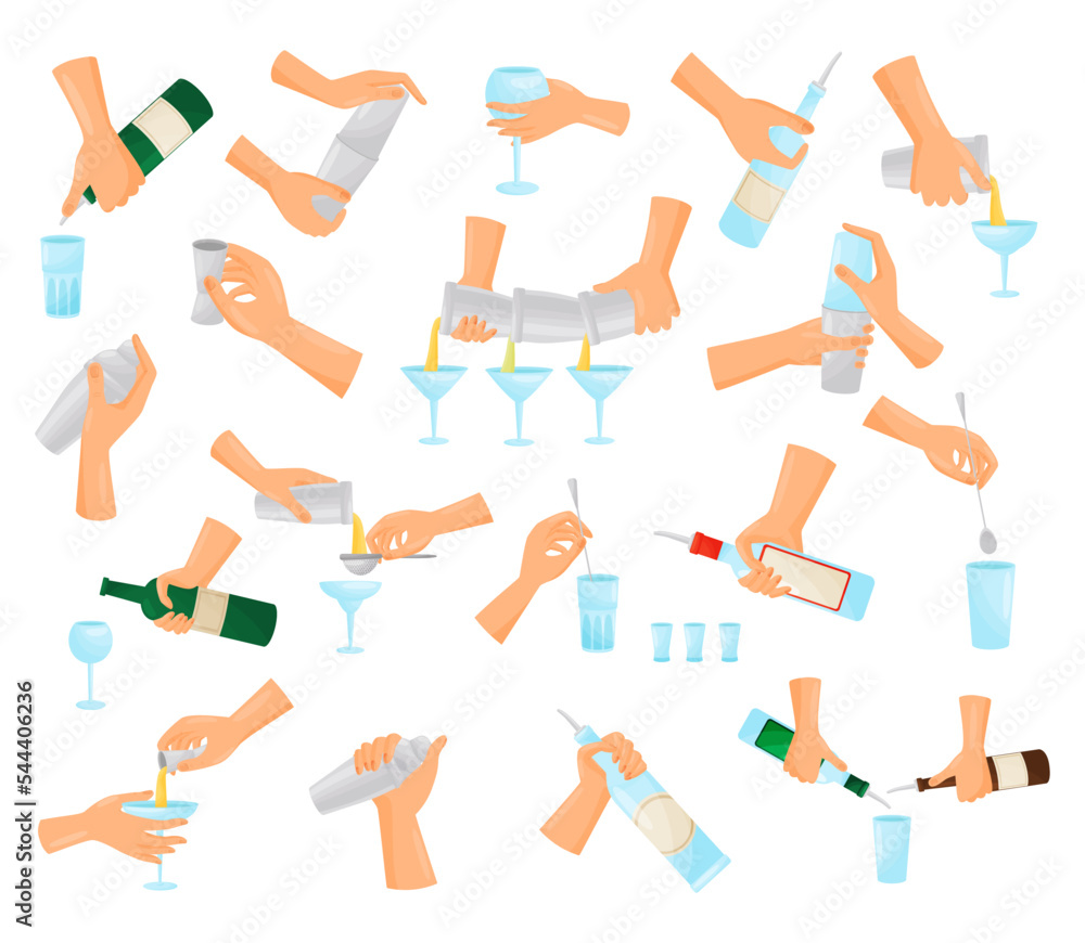 Bartender Hands Pouring and Mixing Cocktails in Glass Big Vector Set Bartender Hands Pouring and Mixing Cocktails in Glass Big Vector Set