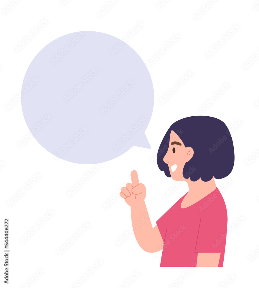 Young female with blank speech bubble isolated on white background. Speaking character. Template for message, announcement, presentation, business. Flat vector illustration. Young female with blank speech bubble isolated on white background. Speaking character. Template for message, announcement, presentation, business. Flat vector illustration.