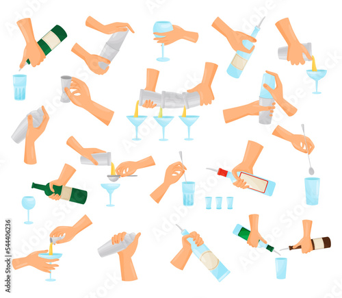 Bartender Hands Pouring and Mixing Cocktails in Glass Big Vector Set