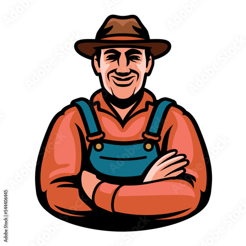 Happy farmer in hat and overalls emblem or logo. Farm worker symbol. Farming, agriculture concept. Vector illustration