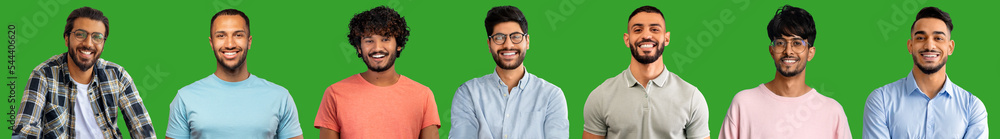 Set of cool handsome muslim men smiling on green, collage Set of cool handsome muslim men smiling on green, collage