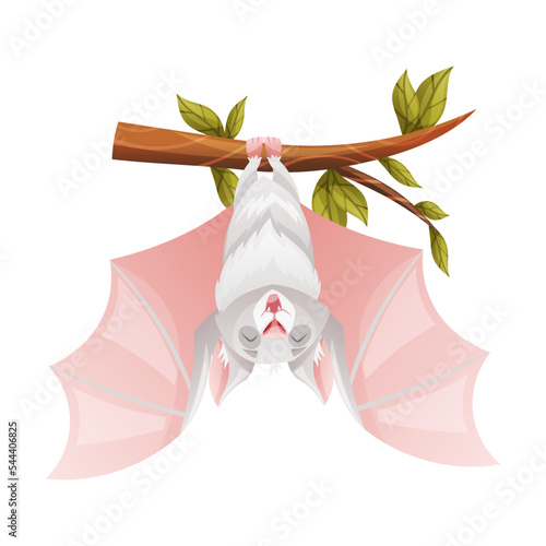 Funny Grey Bat with Cute Snout Hanging Upside Down on Tree Branch Vector Illustration