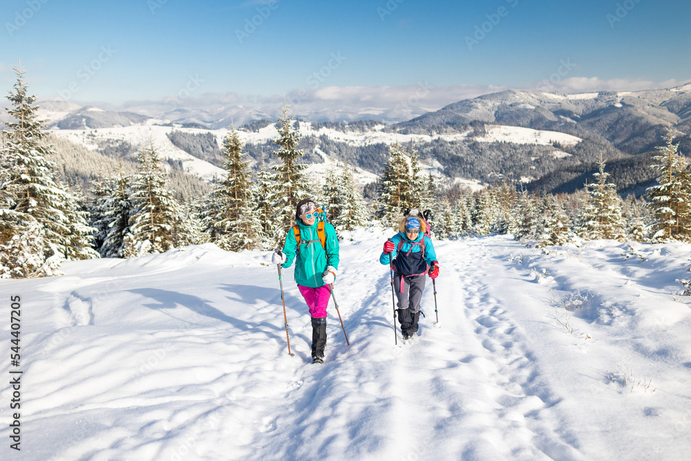 Portrait of two attractive young women tourists outdoors in winter.