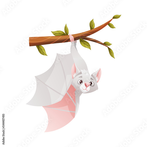 Funny Grey Bat with Cute Snout Hanging Upside Down on Tree Branch Vector Illustration photo