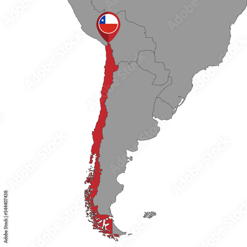 Pin map with Chile flag on world map. Vector illustration.