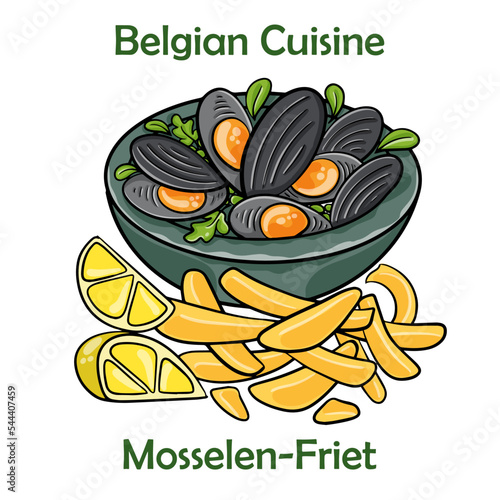 Mosselen-friet. Belgian Moules frites on white background