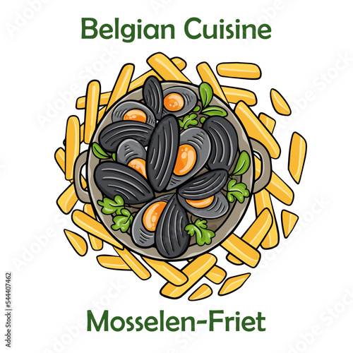 Mosselen-friet. Belgian Moules frites on white background