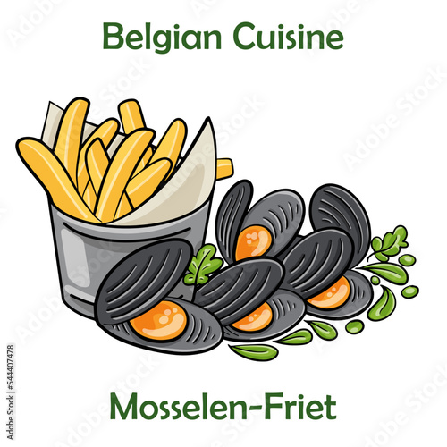 Mosselen-friet. Belgian Moules frites on white background