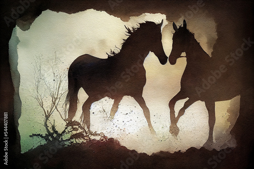 Abstract colorful horse background. Horse watercolor double exposure background