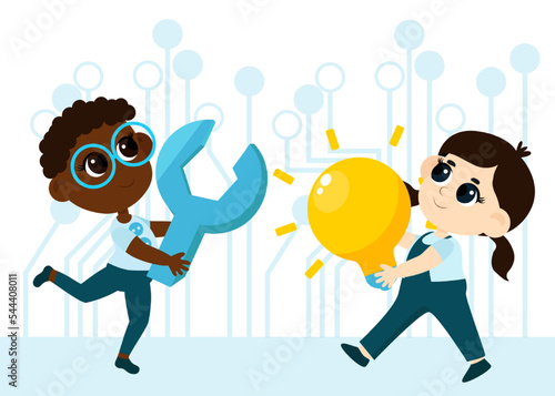 Kid Inventors Day. A boy and a girl carry a huge light bulb and a wrench as a symbol of inventions and research, inventing something new. Cartoon style illustration.