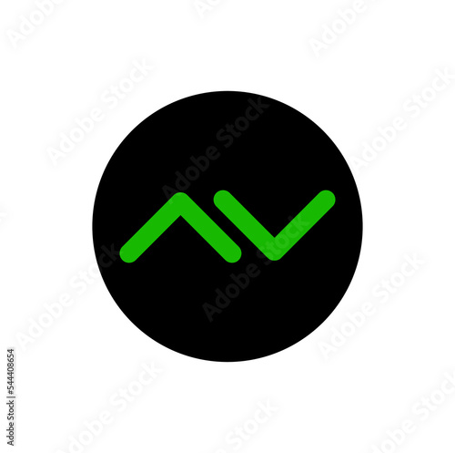 AV green letters on black round. Av brand name initial letter icon.