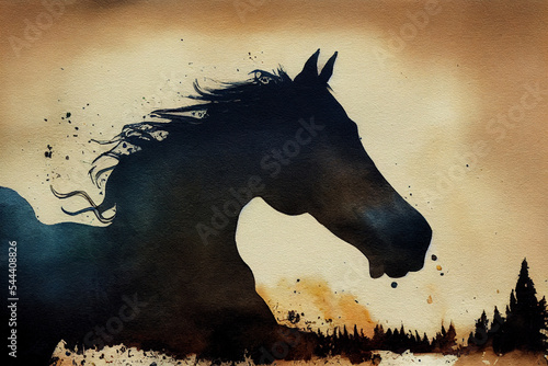 Abstract colorful horse background. Horse watercolor double exposure background