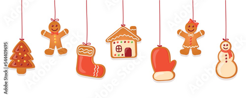 christmas card with hanging gingerbread cookies decoration isolated on white