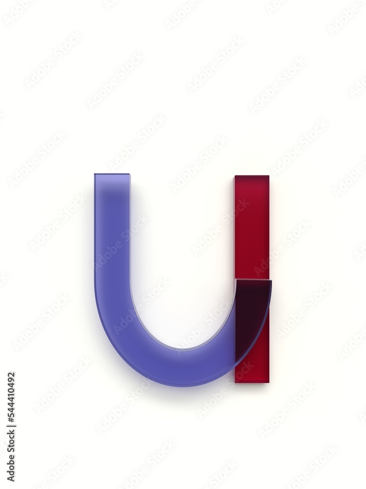 Small letter u made of several colored glass simple geometric shapes lying on top of each other with 3D effect and shadows on white background, 3d rendering Small letter u made of several colored glass simple geometric shapes lying on top of each other with 3D effect and shadows on white background, 3d rendering
