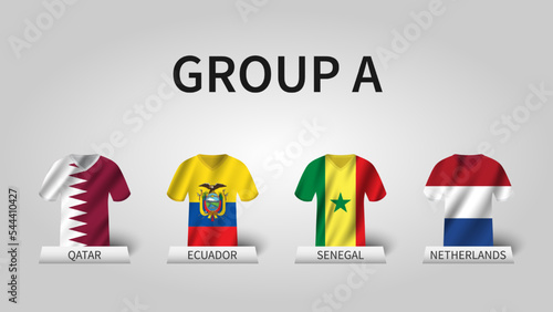 Qatar soccer cup tournament 2022 . Group A stages . Waving jersey with country flag pattern . Vector .