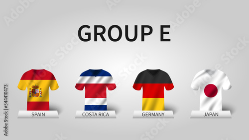 Qatar soccer cup tournament 2022 . Group E stages . Waving jersey with country flag pattern . Vector .