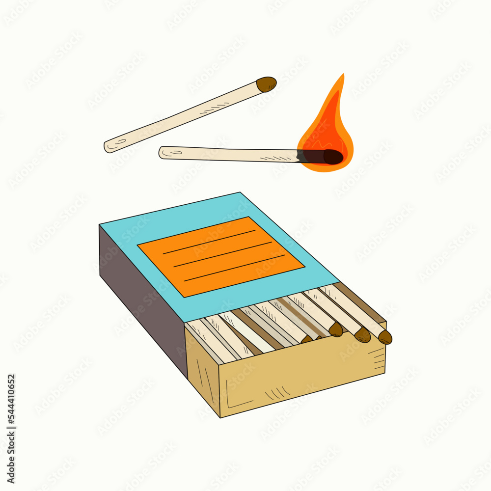 Matches, matchbox. Kitchen tool for making a fire. Burning match, fire. Vector graphics in doodle style with isolated background. Matches, matchbox. Kitchen tool for making a fire. Burning match, fire. Vector graphics in doodle style with isolated background.