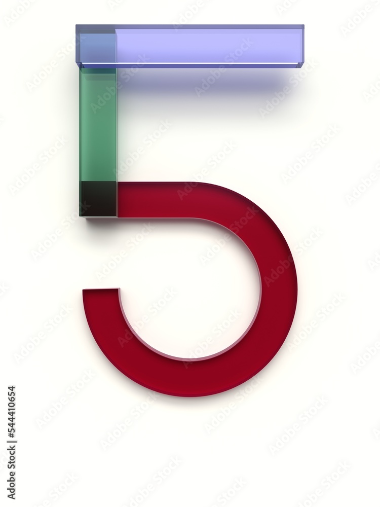 Number 5 made of several colored glass simple geometric shapes lying on top of each other with 3D effect and shadows on white background, 3d rendering Number 5 made of several colored glass simple geometric shapes lying on top of each other with 3D effect and shadows on white background, 3d rendering