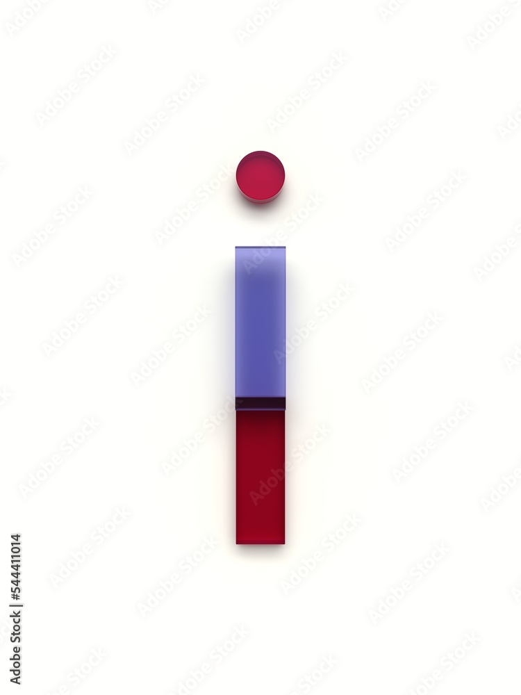 Small letter i made of several colored glass simple geometric shapes lying on top of each other with 3D effect and shadows on white background, 3d rendering Small letter i made of several colored glass simple geometric shapes lying on top of each other with 3D effect and shadows on white background, 3d rendering