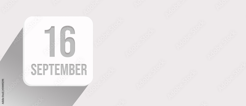 September 16th. Day 16 of month, Calendar date. Calendar leaf icon on white with sunlight and long shadow, flat design. Autumn month, day of the year concept. September 16th. Day 16 of month, Calendar date. Calendar leaf icon on white with sunlight and long shadow, flat design. Autumn month, day of the year concept.