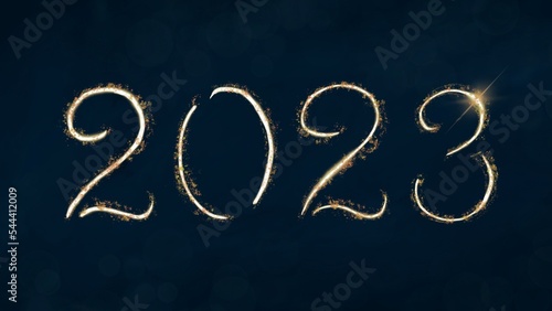 2023 New Year. 2023 Happy New Year greeting card. 2023 Happy New Year blue background. 2023 Happy New Year background with colorful glitter with flare