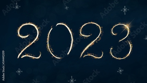 Happy new 2023 year Elegant gold 2023 with light on  blue background with snowflake
